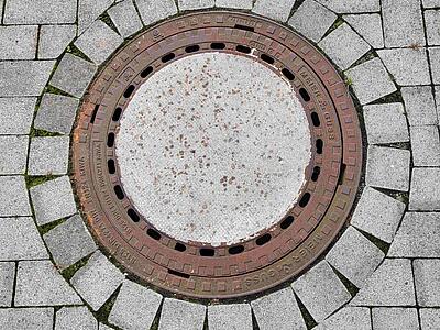 Kanaldeckel innerhalb gepflasterter Fläche