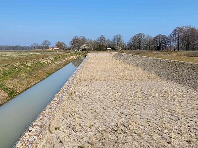 Vorbecken, Gabionenwand, Schilf 